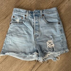 Distressed Light Blue Levi's Ribcage Denim Shorts